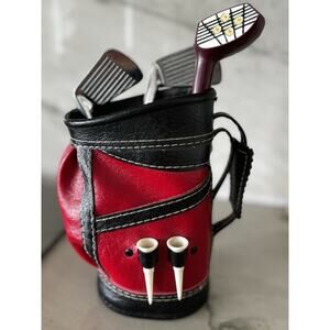 Vintage Enesco Golf Bag & Clubs‎ Bar Mixing Set Retro MCM Red & Black Cocktails